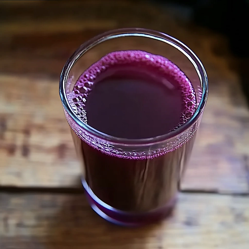 glass of dark purple grape juice on a wooden surface.