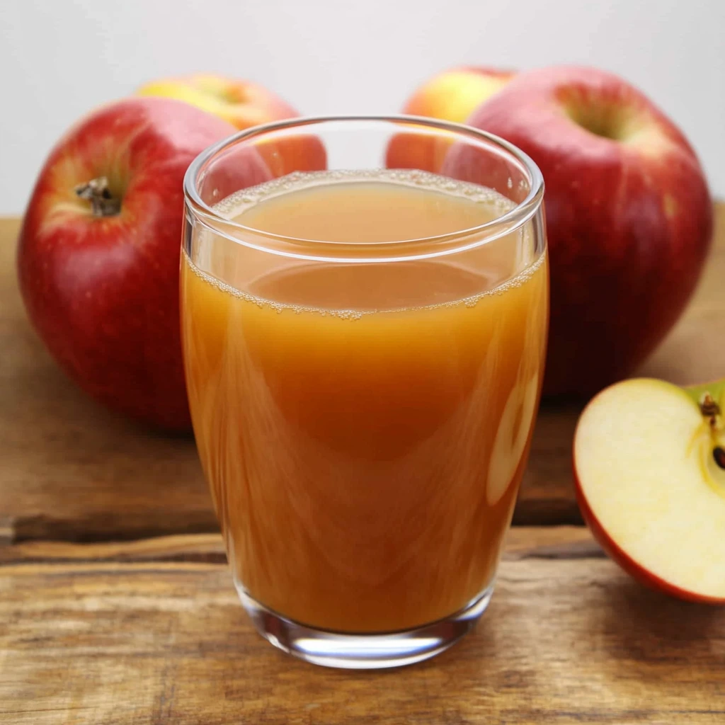 Fresh unfiltered apples and apple juice in a clear glass on a rustic table