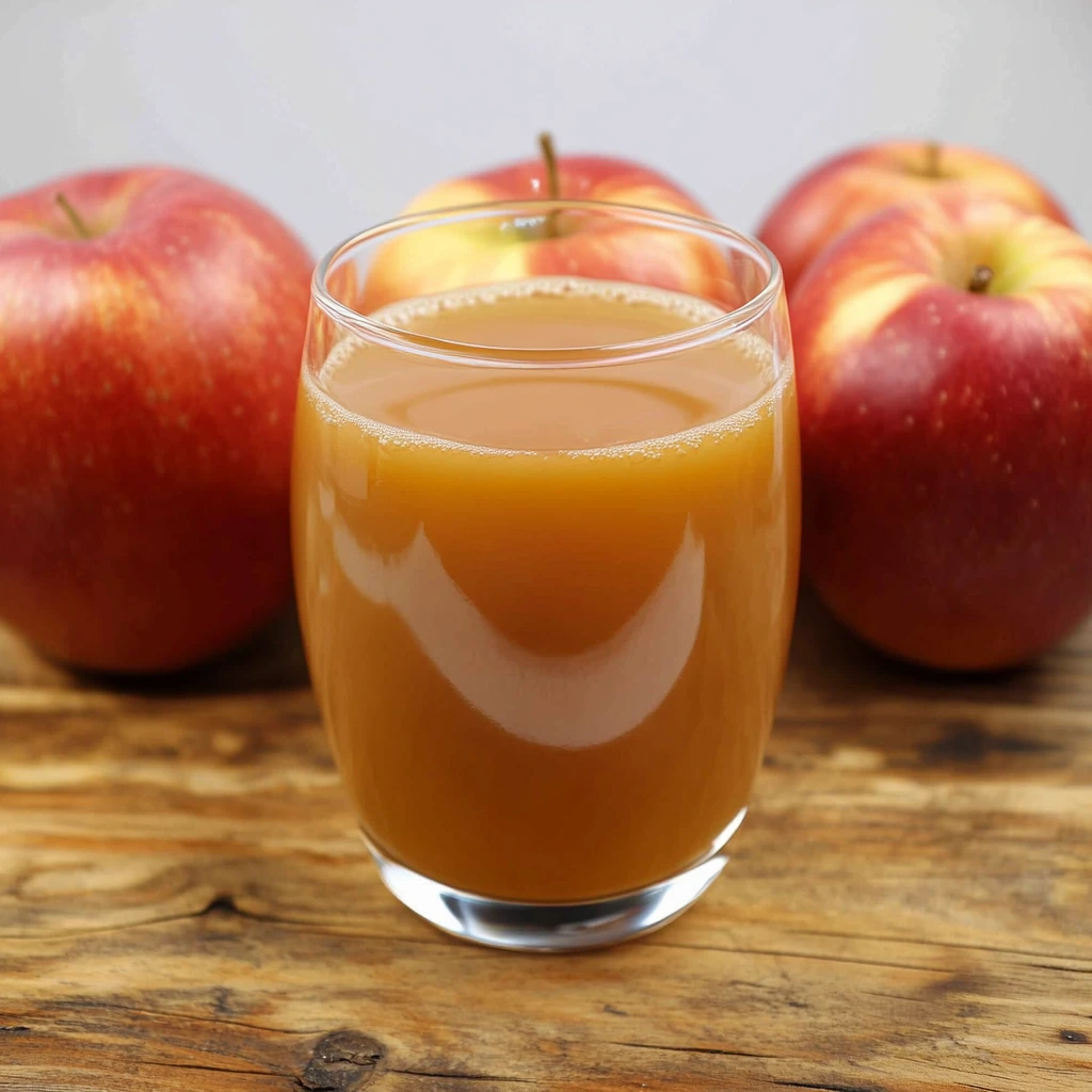 Fresh unfiltered apples and apple juice in a clear glass on a rustic table