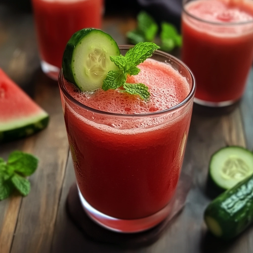 Refreshing watermelon cucumber mint juice in a glass with mint and cucumber garnish