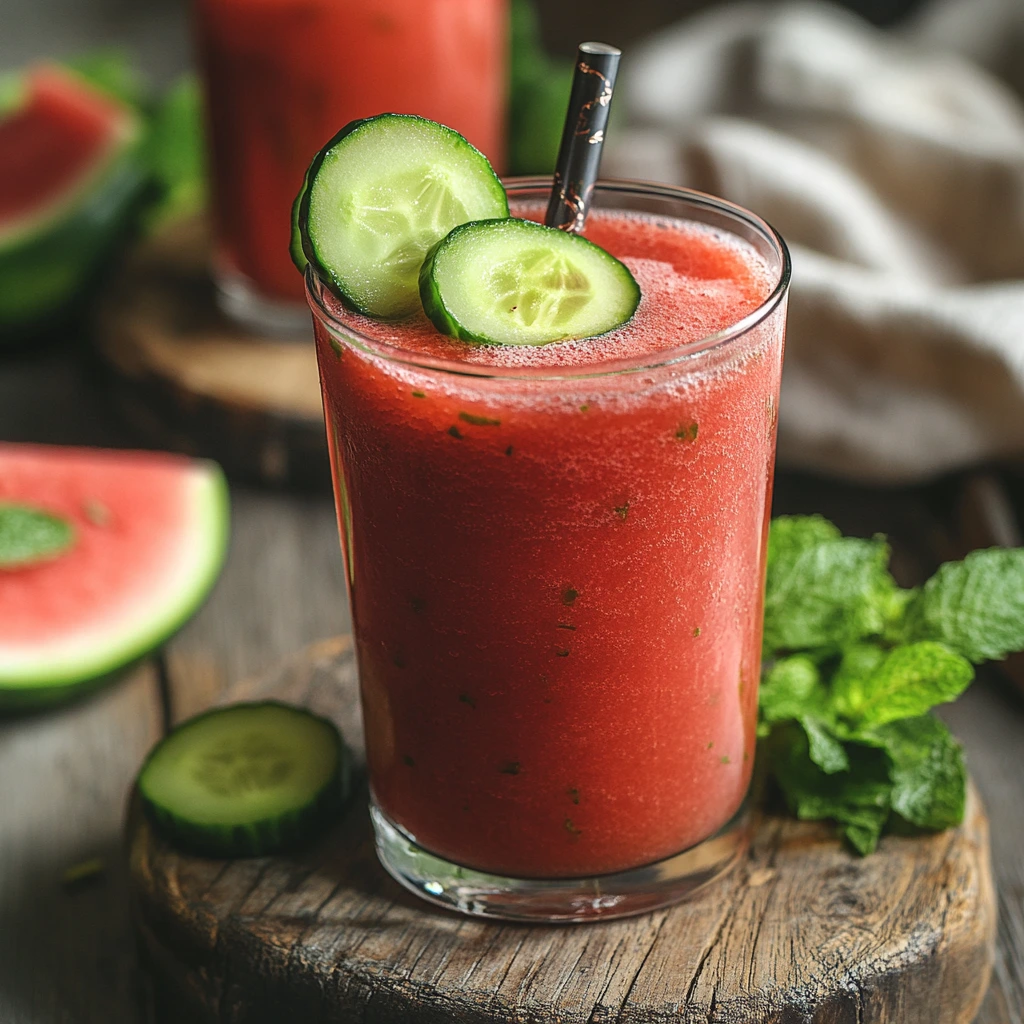 Refreshing watermelon cucumber mint juice in a glass with mint and cucumber garnish