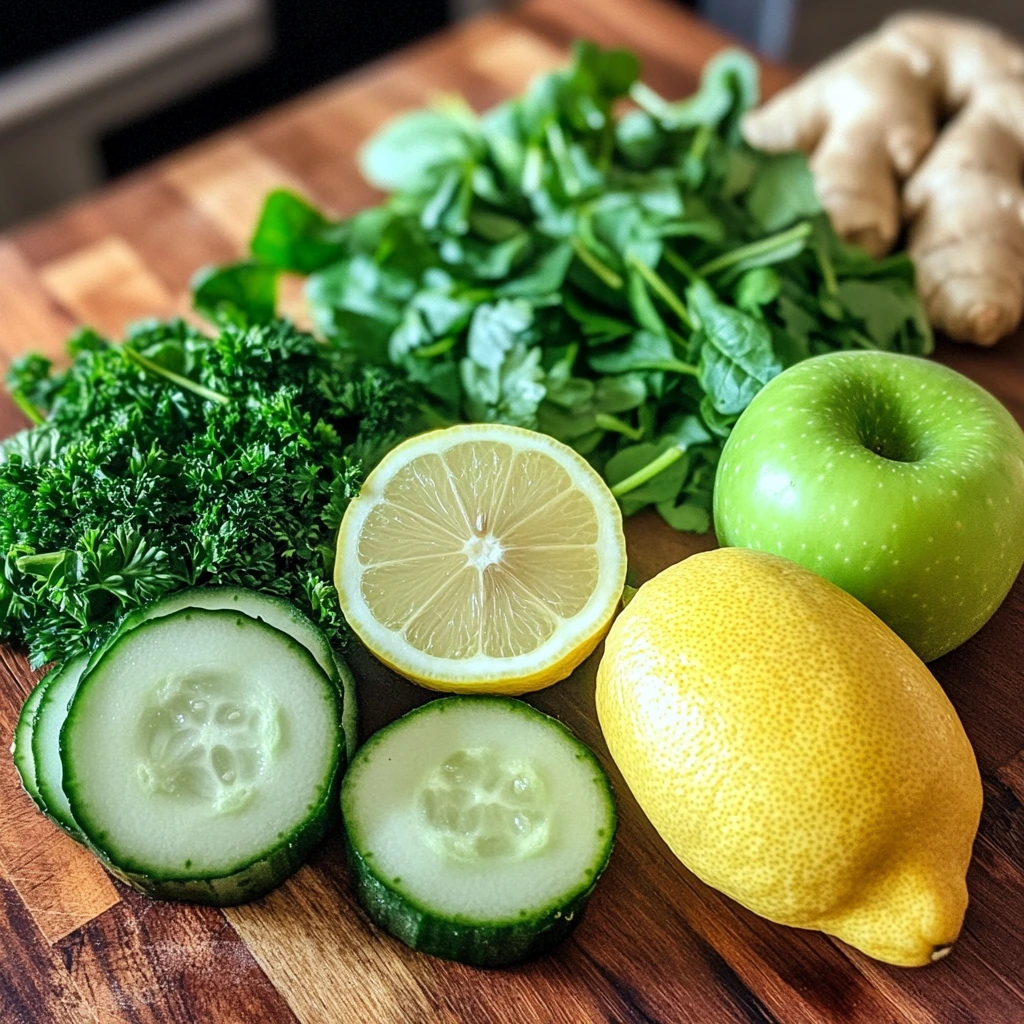 Green Glow Detox Juice ingredients on cutting board