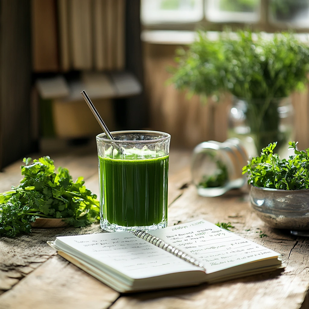 Testimonial notes and a glass of Green Glow Detox Juice