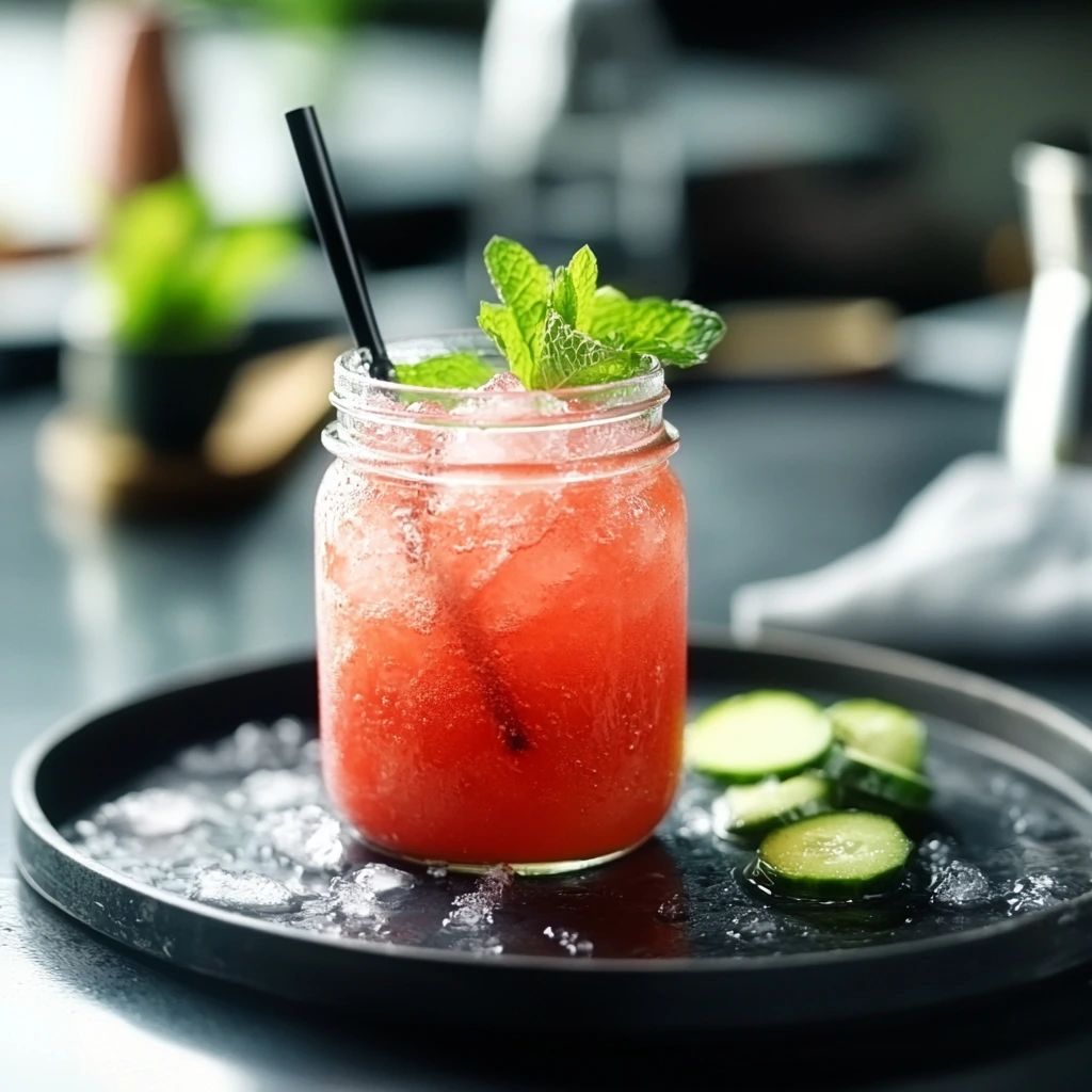 Mason jar with refreshing watermelon cucumber mint juice and ice