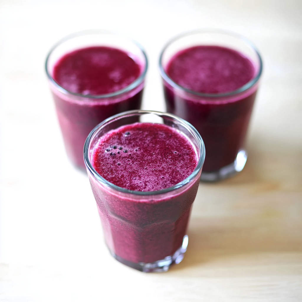 Homemade blueberry juice in clear glasses on a light wooden surface