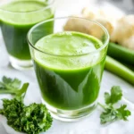 Green Glow Detox Juice in a clear glass with fresh parsley, cucumber, and ginger on a white background