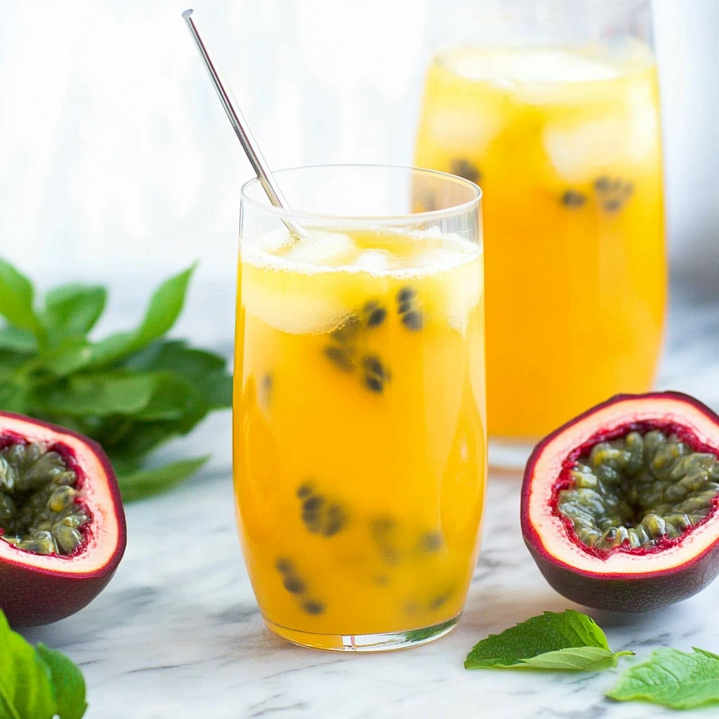 Fresh passion fruit juice with ice and mint in a glass, surrounded by ripe passion fruits