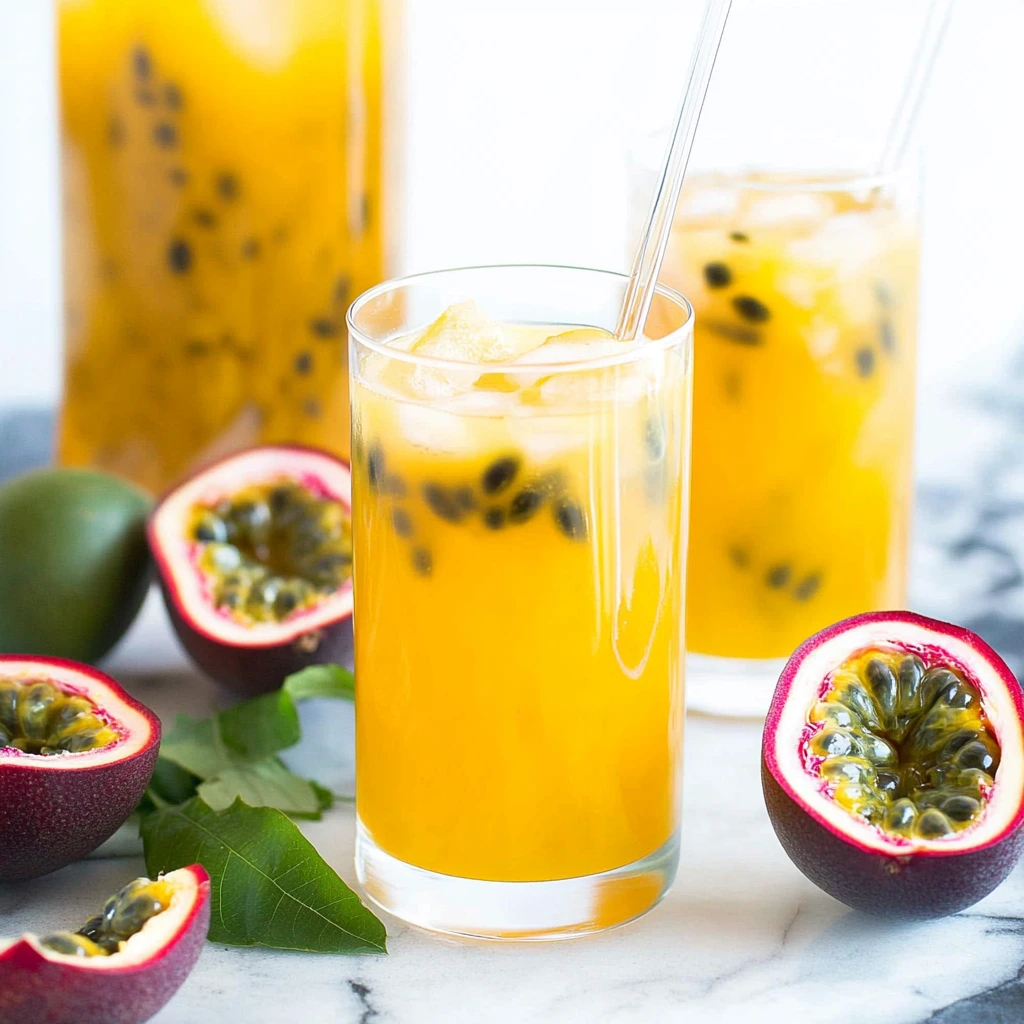 Fresh passion fruit juice with ice and mint in a glass, surrounded by ripe passion fruits