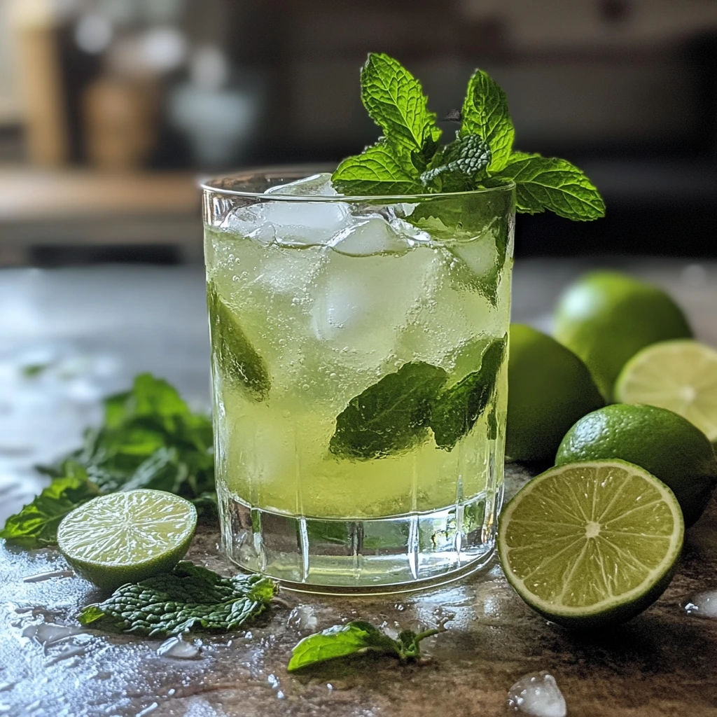 Fresh lime juice in glass with mint and ice